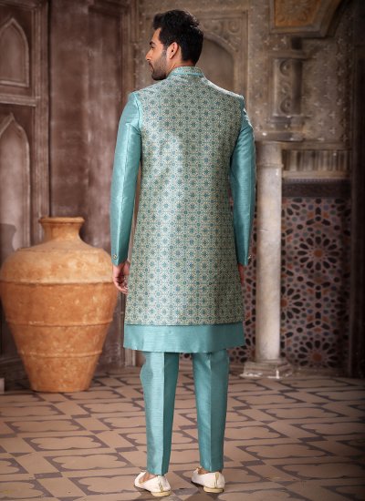 Turquoise Mehndi Art Silk Indo Western