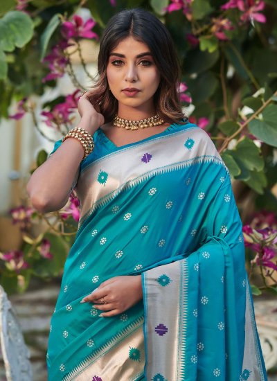 Turquoise Mehndi Banarasi Silk Trendy Saree