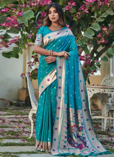 Turquoise Mehndi Banarasi Silk Trendy Saree
