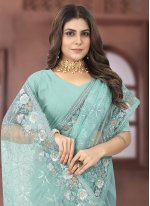 Turquoise Net Patchwork Contemporary Saree