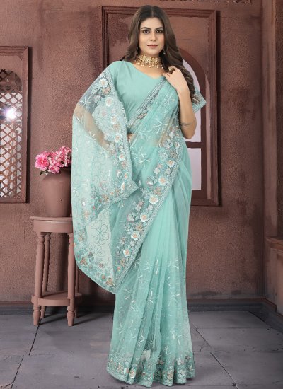 Turquoise Net Patchwork Contemporary Saree