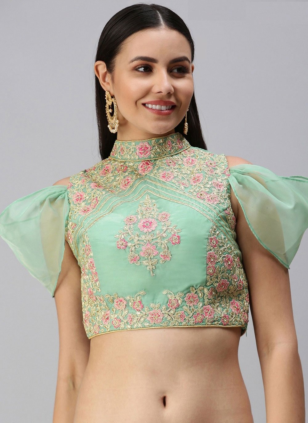 Organza Saree Blouse Designs Green High Neck Blouse Turquoise