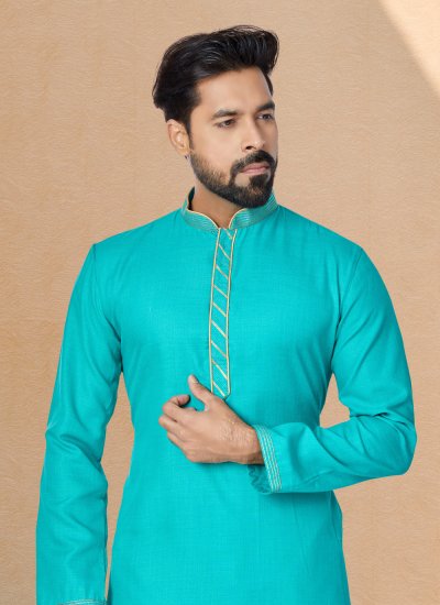 
                            Turquoise Plain Mehndi Kurta Pyjama