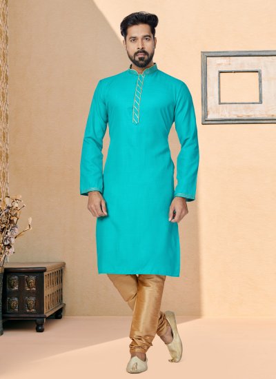 Turquoise Plain Mehndi Kurta Pyjama