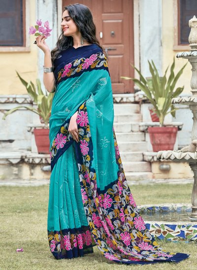 Turquoise Printed Casual Casual Saree