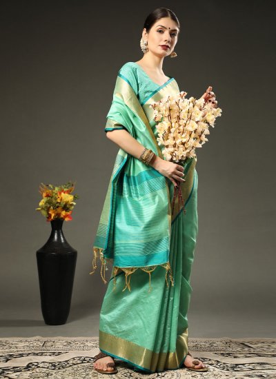 Turquoise Raw Silk Contemporary Saree