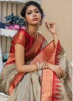 Tussar Silk Beige Weaving Classic Designer Saree