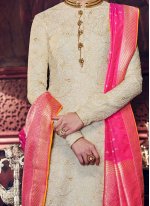 Tussar Silk Designer Palazzo Suit in Pink and White