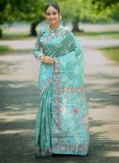 Tussar Silk Turquoise Trendy Saree