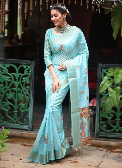 Tussar Silk Weaving Aqua Blue Classic Saree