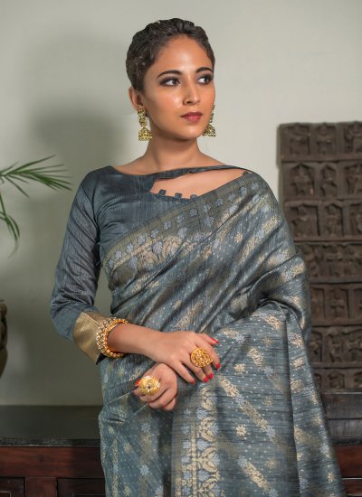 Tussar Silk Zari Contemporary Style Saree in Grey