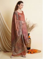 Unique Digital Print Brown Tussar Silk Trendy Salwar Suit