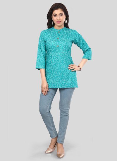 Unique Rayon Turquoise Printed Party Wear Kurti