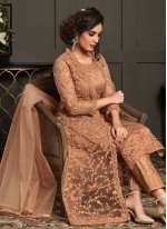 Urbane Net Peach Resham Designer Floor Length Salwar Suit