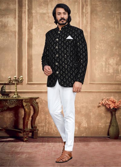 velvet black embroidered jodhpuri suit 210474