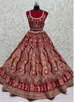 Velvet Embroidered A Line Lehenga Choli in Rani