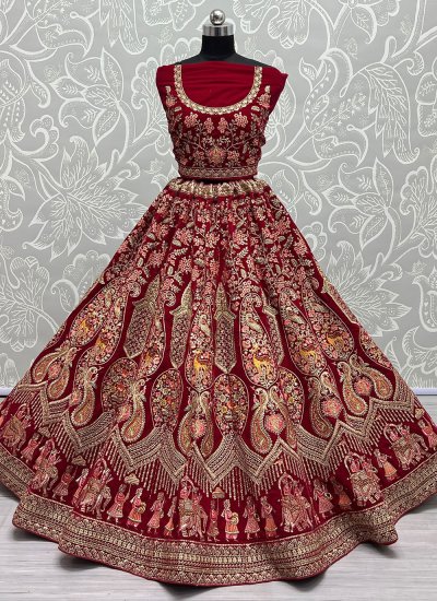 Velvet Embroidered A Line Lehenga Choli in Rani