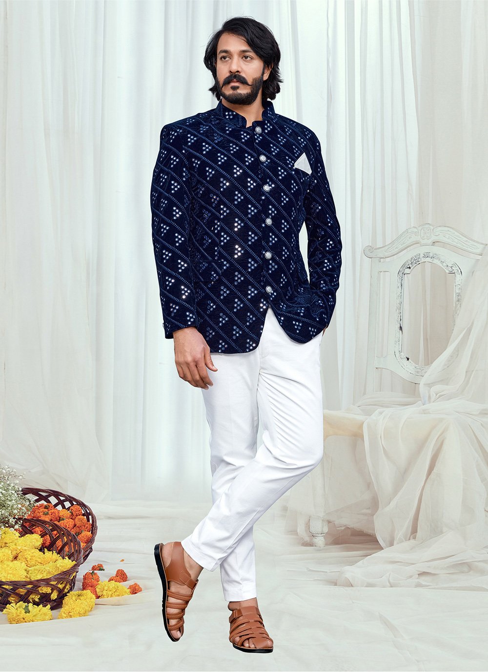Blue color Velvet fabric Jodhpuri Suit : 1855512