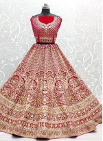 Velvet Embroidered Lehenga Choli in Pink