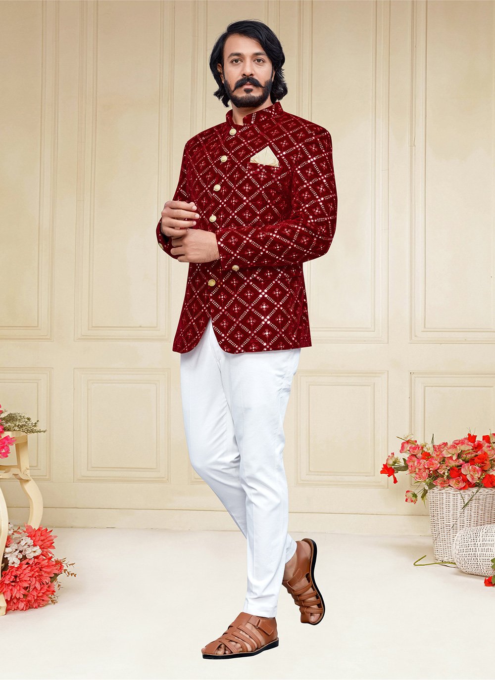 Velvet Embroidered Maroon Jodhpuri Suit