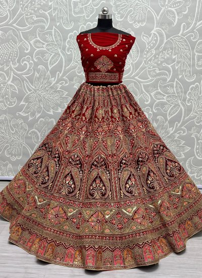 Velvet Embroidered Red Trendy Lehenga Choli