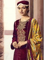 Velvet Embroidered Salwar Kameez in Maroon