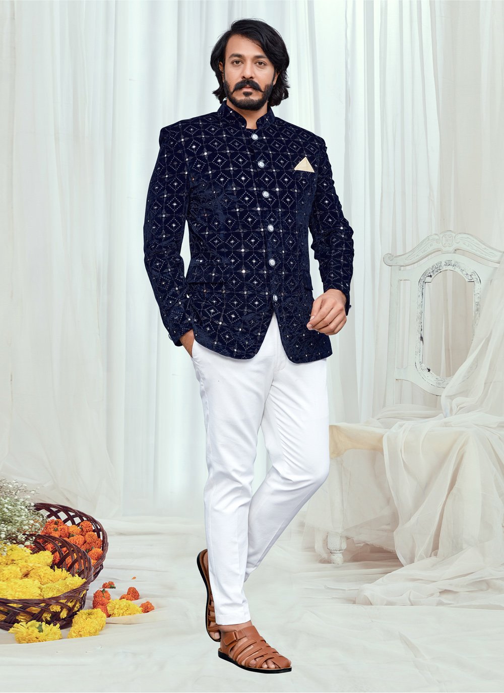Velvet Jodhpuri Suit in Blue