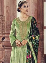 Velvet Straight Salwar Kameez in Green