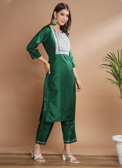 Versatile Cotton Silk Green Embroidered Pant Style Suit