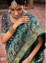Vibrant Banarasi Silk Embroidered Morpeach  Designer Traditional Saree