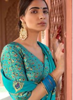Vichitra Silk Embroidered Designer Saree in Aqua Blue