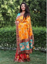 Vichitra Silk Embroidered Orange and Red Designer Half N Half Saree
