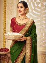 Vichitra Silk Patch Border Traditional Designer Saree in Green