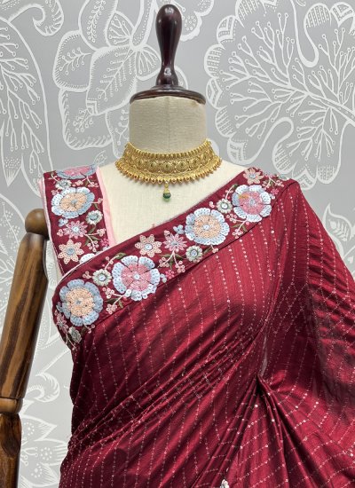 Vichitra Silk Thread Red Contemporary Saree