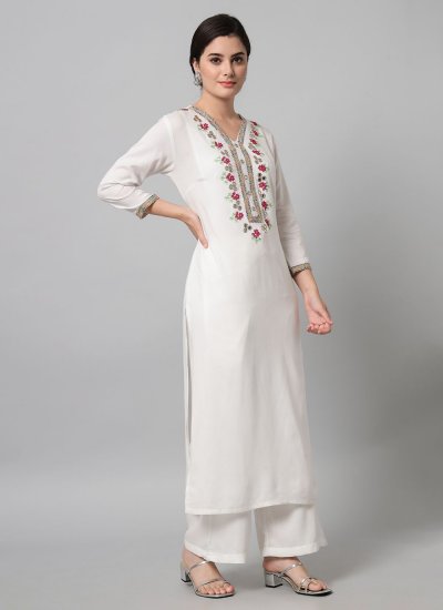 Viscose Embroidered White Party Wear Kurti