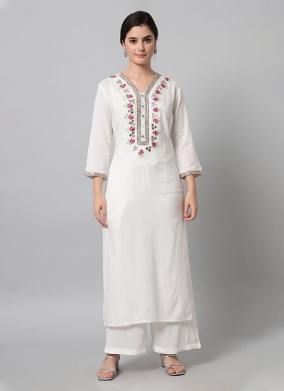 Viscose Embroidered White Party Wear Kurti