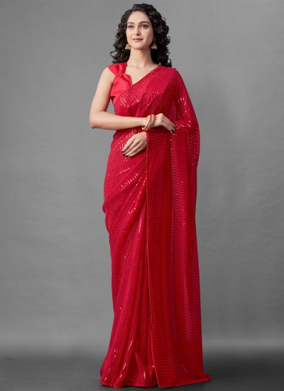 Vivacious Sequins Red Designer Saree