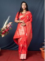 Vivacious Weaving Banarasi Silk Red Trendy Saree
