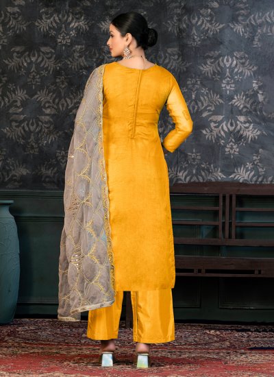 Vivacious Yellow Handwork Organza Trendy Salwar Suit