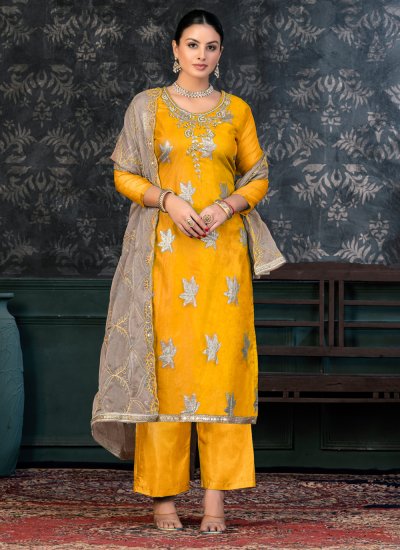 Vivacious Yellow Handwork Organza Trendy Salwar Suit