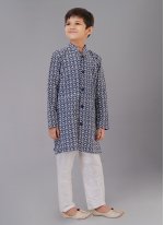 Voguish Cotton Silk Navy Blue Embroidered Work Kurta Pyjama