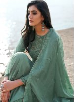 Voguish Embroidered Cotton Silk Sea Green Pant Style Suit