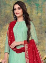 Voluptuous Chanderi Embroidered Turquoise Pant Style Suit