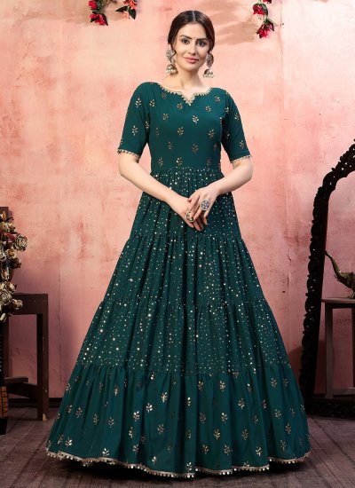 Voluptuous Faux Georgette Green Sequins Designer Gown