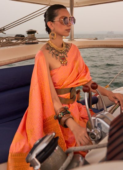 Voluptuous Orange Weaving Satin Contemporary Style Saree