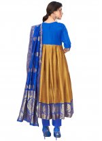 Weaving Art Silk Anarkali Salwar Kameez in Blue and Mustard