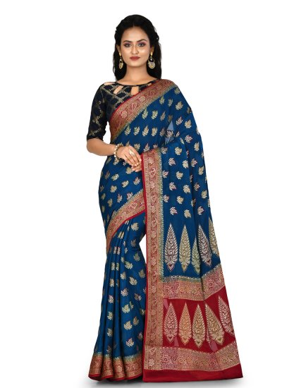 Weaving Banarasi Silk Bollywood Saree in Navy Blue