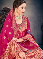 Weaving Banarasi Silk Pant Style Suit in Hot Pink