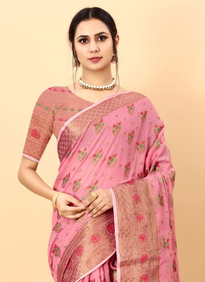 Weaving Cotton Silk Classic Saree in Pink