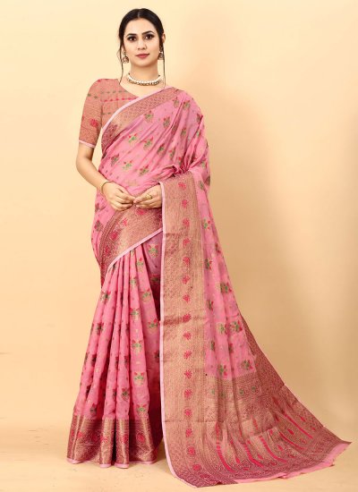 Weaving Cotton Silk Classic Saree in Pink